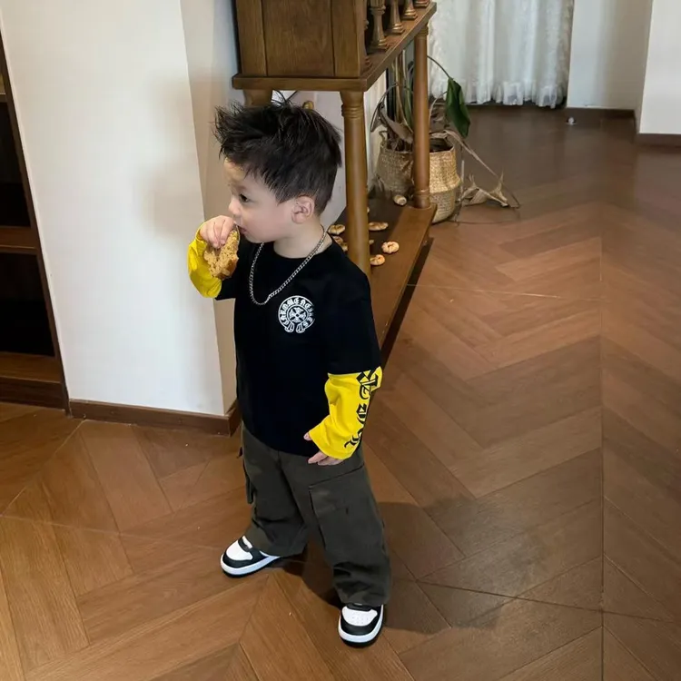 男童长袖T恤2025新款秋装儿童衣服宝宝潮流帅气时髦假两件上衣