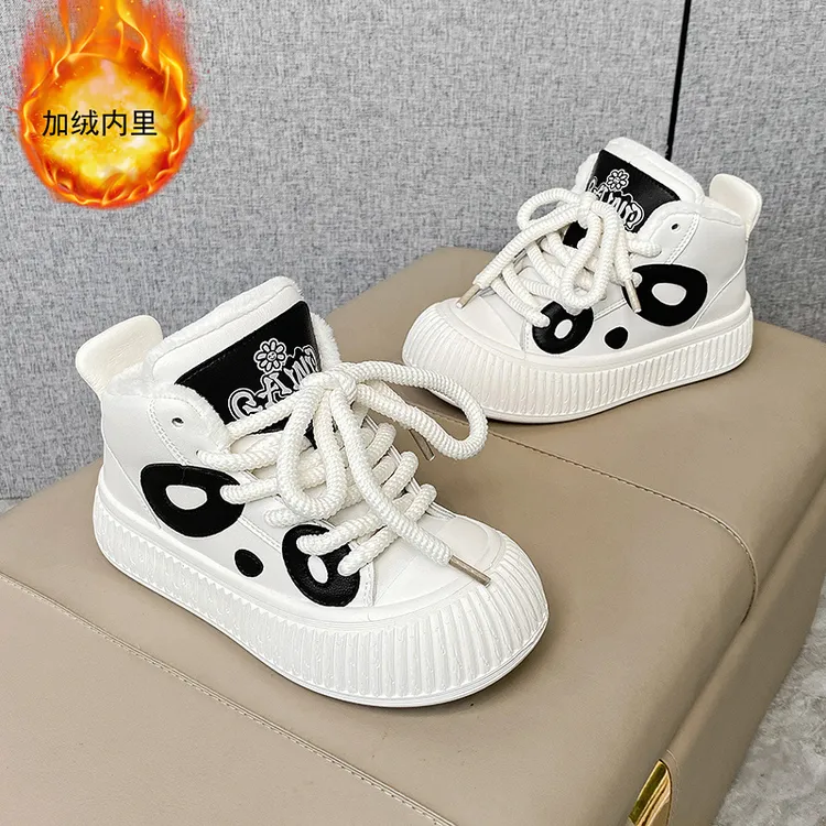 冬款爆款学生鞋大头鞋女棉鞋丑萌加绒板鞋女软底韩版高帮熊猫鞋