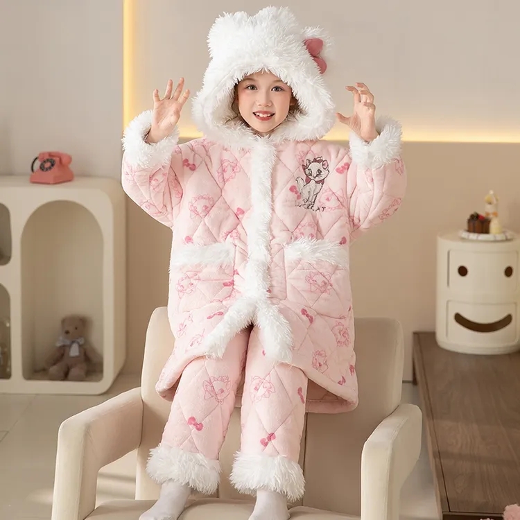 女童三层夹棉睡衣冬款2025新款冬季加绒加厚甜美儿童冬装家居服