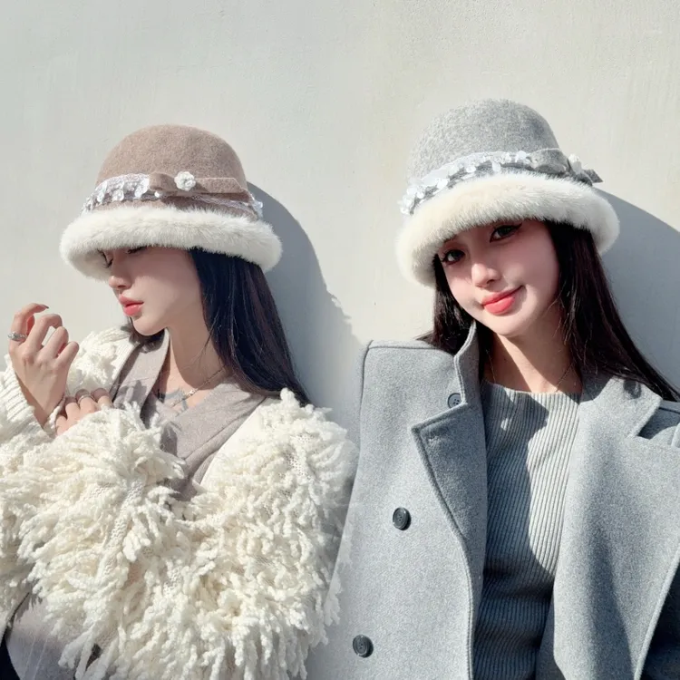 CREAMPP 原创秋冬氛围感羊毛拼皮草小香风淑女复古甜美蝴蝶结盆帽