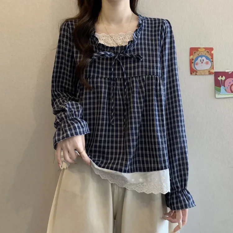 大码假两件蕾丝花边系带长袖衬衫女春秋胖MM宽松显瘦百搭洋气上衣
