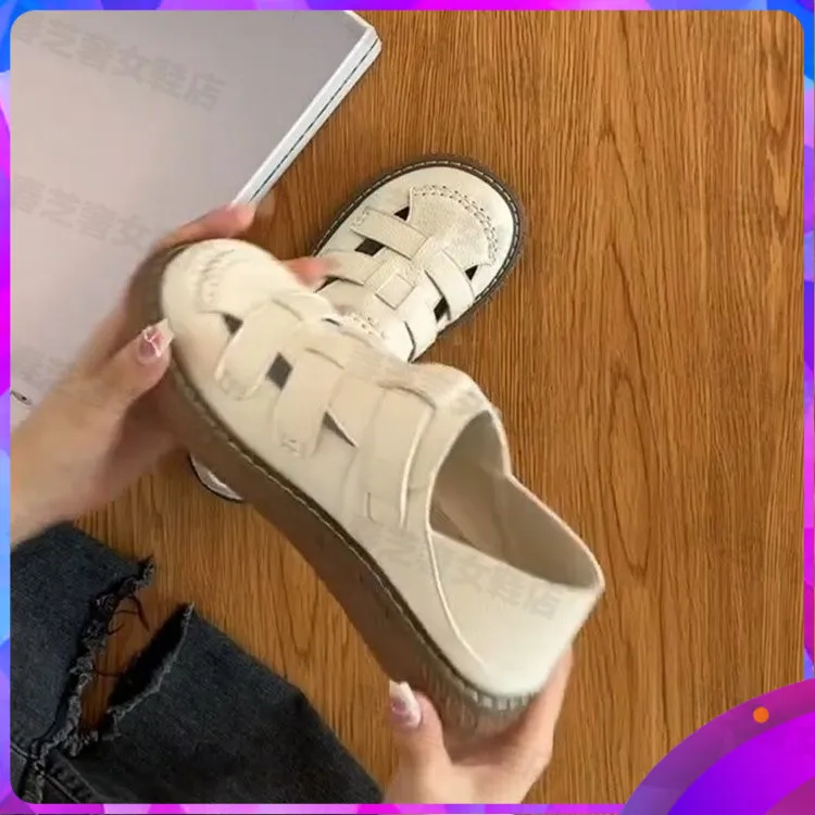 休闲轻便复古厚底包头拖鞋女外穿2025新款夏季一脚蹬增高罗马凉鞋