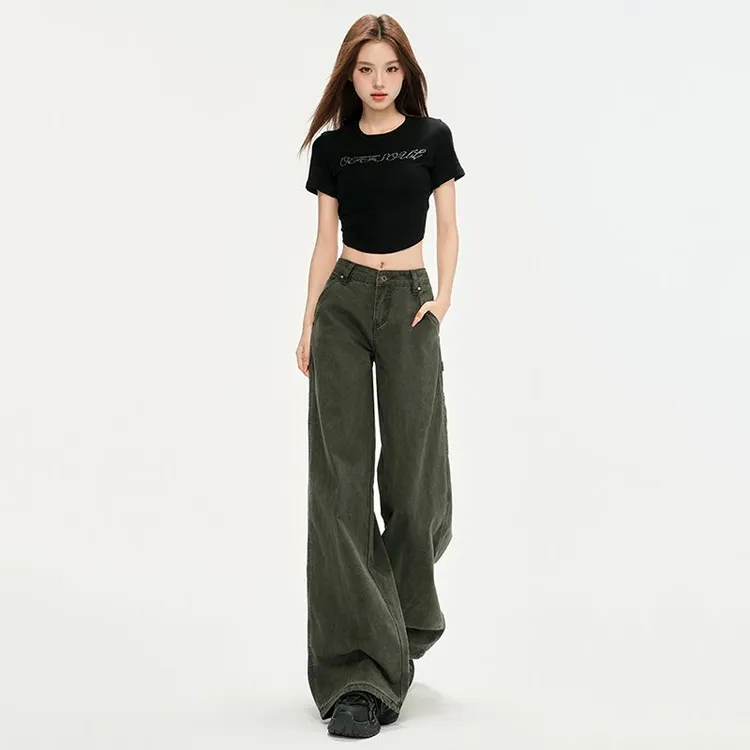 美式复古微喇多口袋珠帆工装牛仔裤女夏季新款高腰宽松阔腿拖地裤