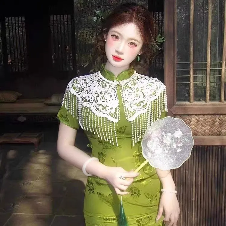 旗袍云肩新中式珍珠流苏披肩坎肩中国风汉服领子重工复古蕾丝