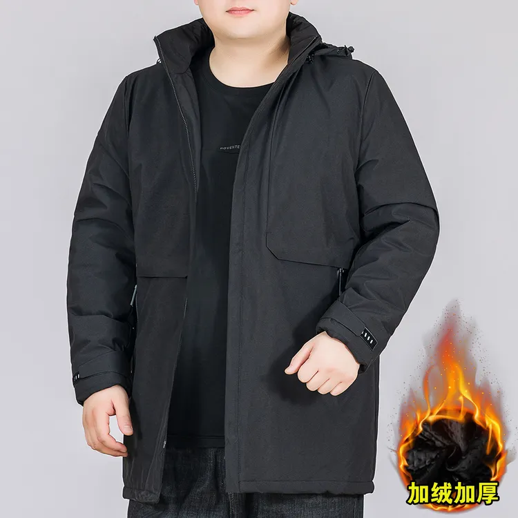 大码男士风衣加绒加厚秋冬款连帽大衣加肥加大男胖子宽松保暖外套