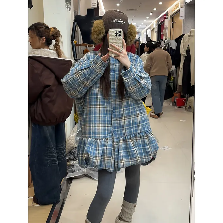 韩版格纹宽松收腰单排扣连衣裙秋冬休闲百搭气质格子花苞裙短裙