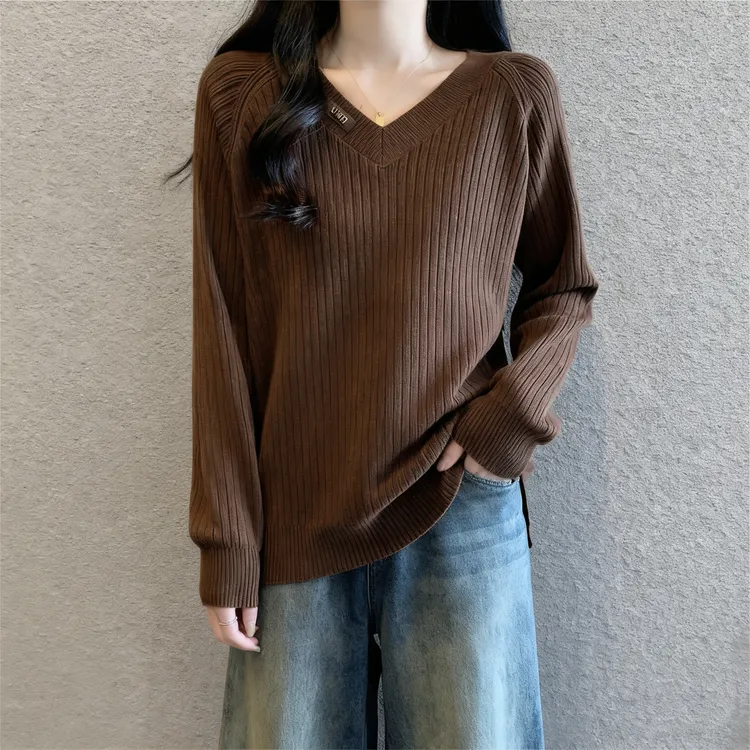 秋冬宽松V领内搭打底长袖针织衫百搭极简风慵懒休闲气质毛衣女