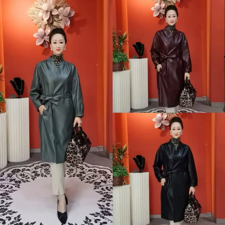 中长款长款皮衣女士过膝皮风衣秋季收腰女士系带