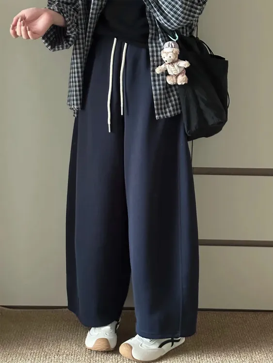 小个子裤子梨型身材粗腿宽胯九分弯刀阔腿裤女大码藏蓝色运动卫裤