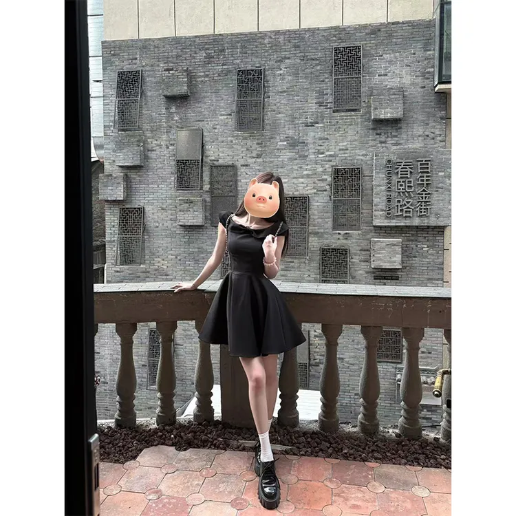 法式赫本风一字肩连衣裙女夏2025新款小个子蝴蝶结收腰公主蓬蓬裙