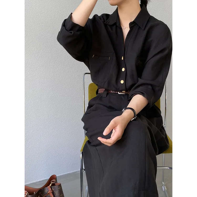 亚麻衬衫裙女2025新款小众设计感秋装长袖连衣裙配皮带