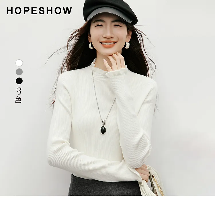 红袖2025冬女装 木耳边拼接正肩长袖半高领套头针织衫90125360106