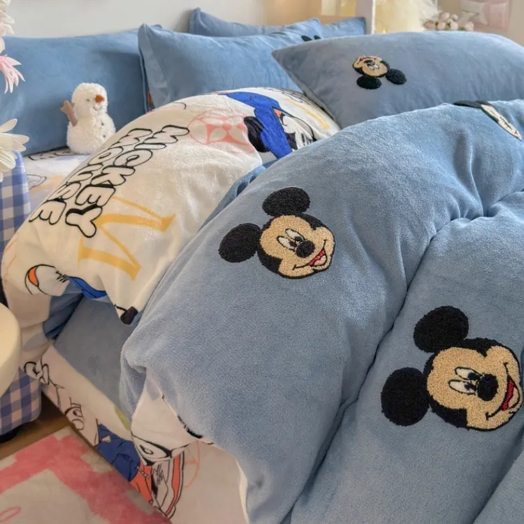 可爱米奇毛巾绣牛奶绒床单四件套冬季加厚保暖被套被单宿舍三件套