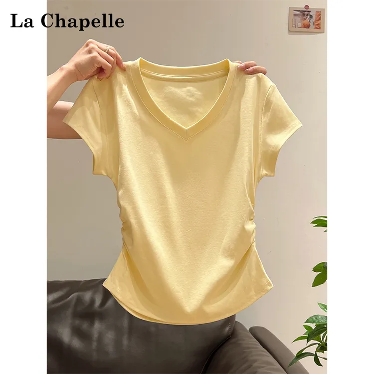 拉夏贝尔纯欲辣妹V领侧腰褶皱短袖T恤女夏季新款收腰修身短款上衣