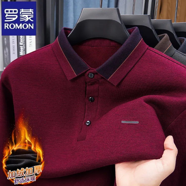 【含羊毛】罗蒙中年商务拼色polo领长袖毛衣秋冬季爸爸装休闲针织衫