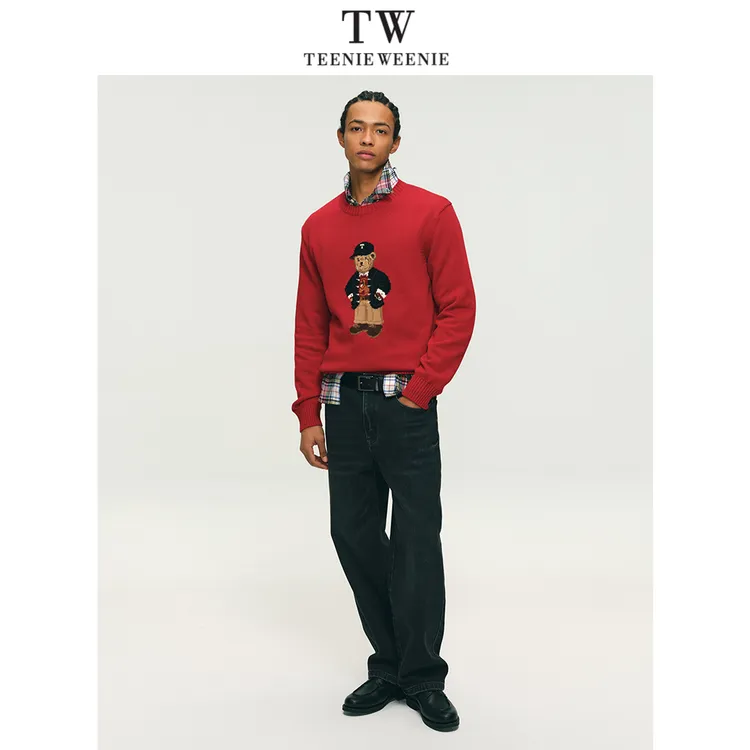 Teenie Weenie小熊男装休闲微阔提花刺绣圆领套头毛衣TNKW265105N