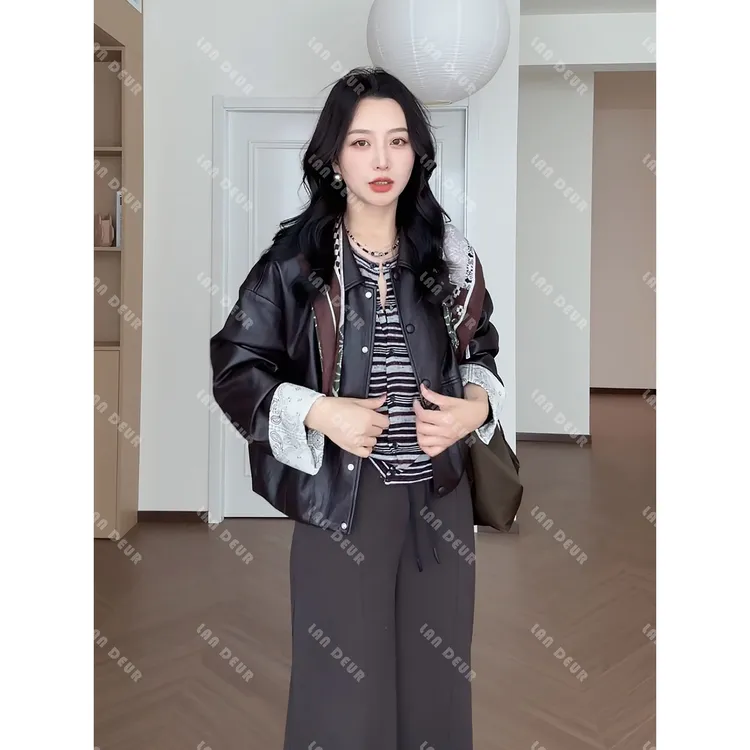 【漫游人生】气质时尚休闲百搭设计师复古简约宽松短款PU皮衣女上衣