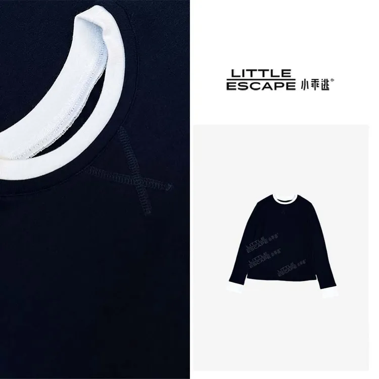 小乖逃X休闲藏蓝T恤假两件X拼白边简约长袖百搭N95083