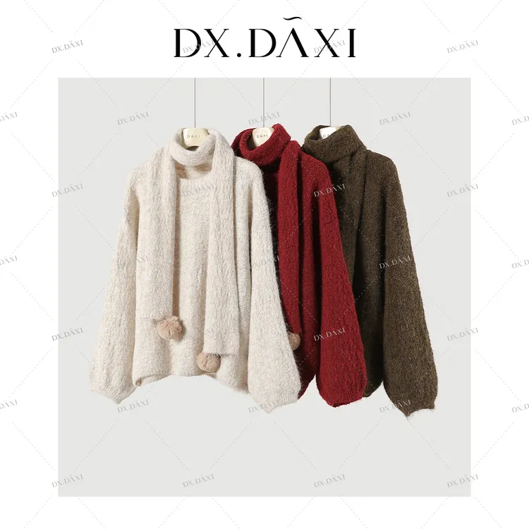 新款冬季带毛球围巾针织毛衫软糯厚款暖和百搭休闲套头毛衣女