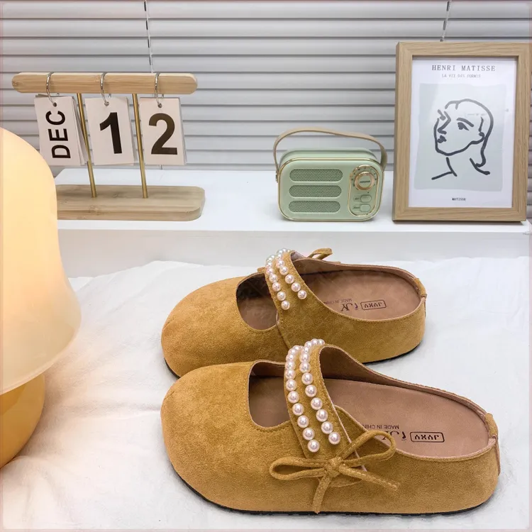 法式包头半拖鞋女外穿2025年夏季新款珍珠蝴蝶结厚底勃肯鞋凉拖鞋