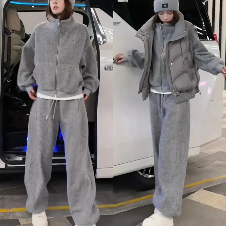 2025冬季韩版宽松叠穿马甲长袖上衣高腰裤子欧货三件套时尚套装