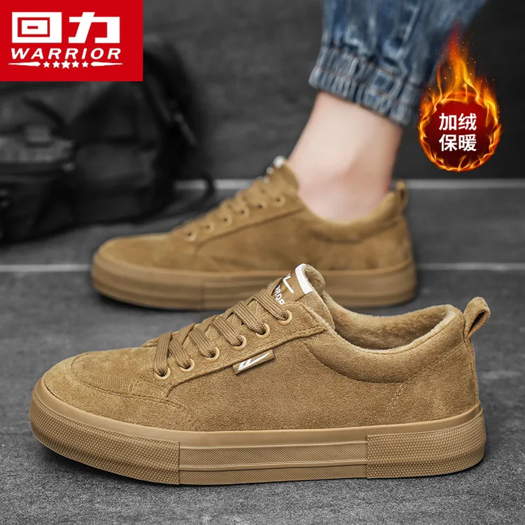 回力棕色帆布鞋男鞋冬季爆款加绒保暖休闲板鞋小众百搭复古德训鞋