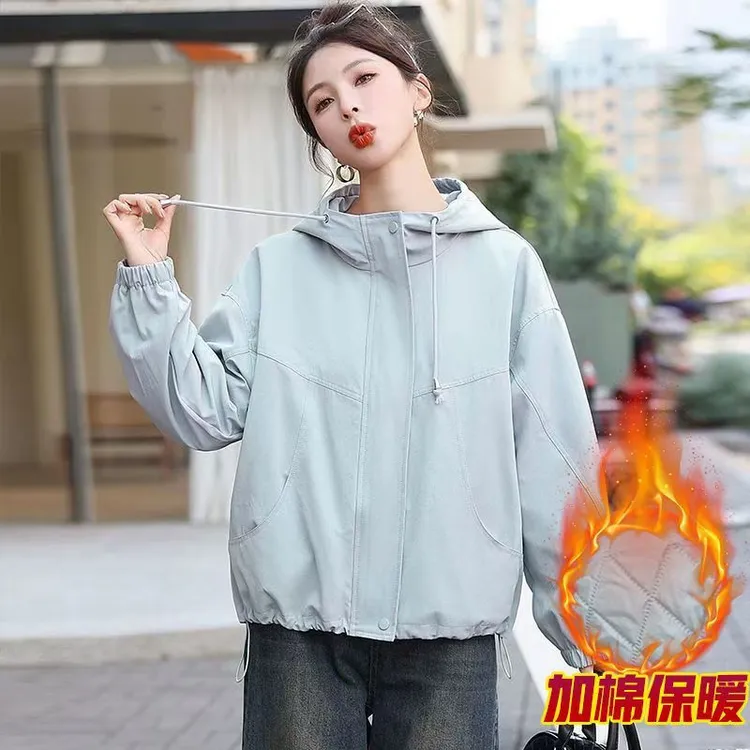 加棉加厚短款外套女2025秋冬新款休闲夹克连帽宽松外套女秋季外套