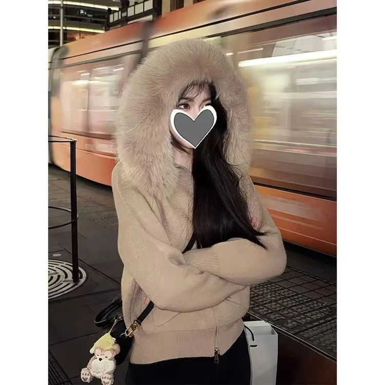 1137大码胖mm韩系毛领连帽毛衣外套女秋冬季宽松显瘦百搭针织开衫