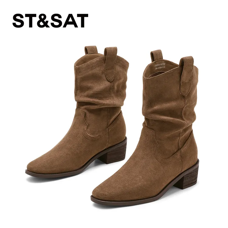 星期六棕色粗跟尖头靴女2025年秋季新款短筒靴英伦堆堆靴复古短靴