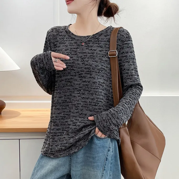 大码女装秋季新款时尚长袖T恤女宽松显瘦百搭胖mm洋气打底上衣服