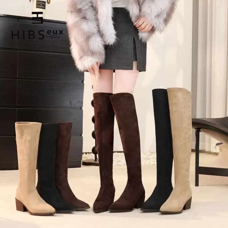 Hibseux/槿奢超火巨好看长靴绒面粗跟弹力靴冬季显瘦后拉链瘦瘦靴