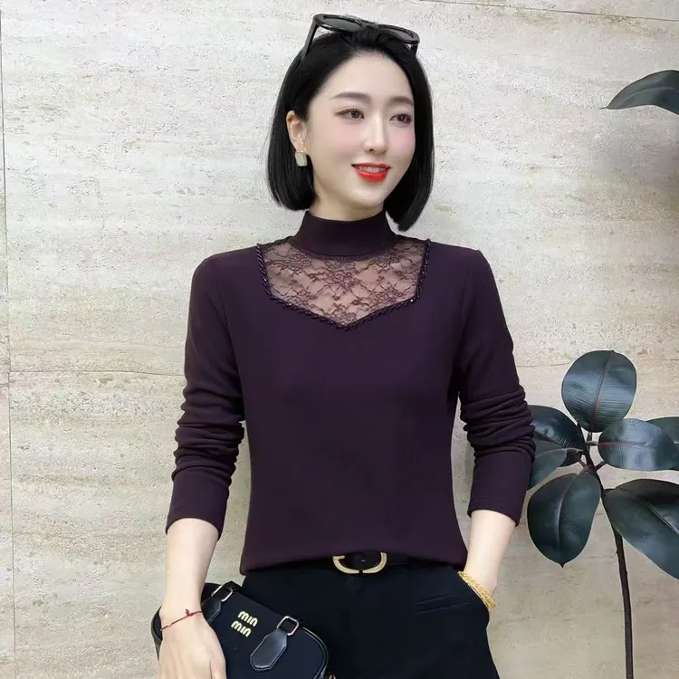 【韩紫朵】2025秋冬款新品蕾丝拼接钉珠洋气小衫女士上衣9068