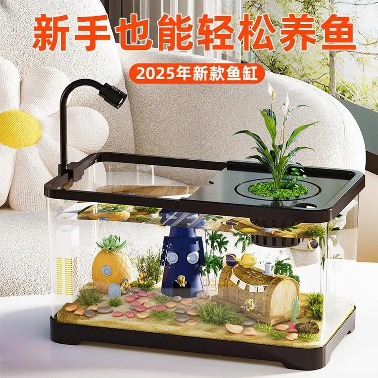 鱼缸客厅新款小型成品过滤制氧一体机盖板生态造景全套斗鱼金鱼缸