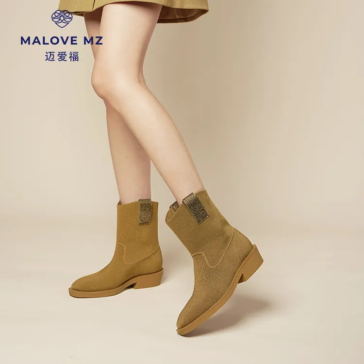 MALOVE MZ西部牛仔靴女秋冬新款复古尖头时装靴套筒粗跟短靴女