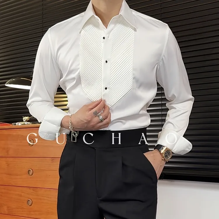 【Gc-古潮】--春秋季-法式男士商务抗皱长尖领压轴纹轻奢感修身衬衫