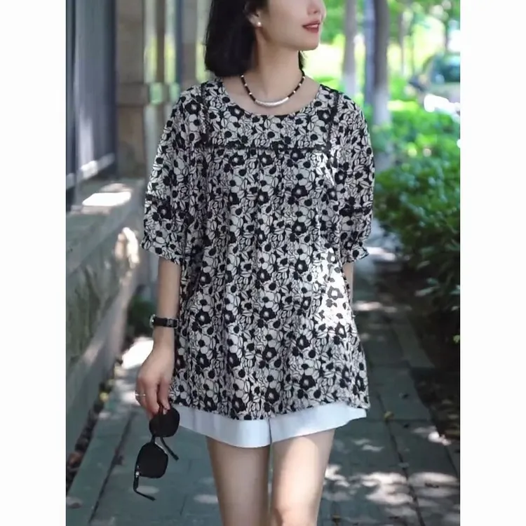 夏季新大码高级感气质印花宽松遮肉显瘦胖mm凉快休闲碎花短袖上衣