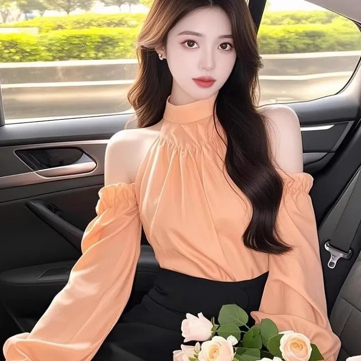 橙色高级感法式设计感长袖衬衫女装春季露肩漂亮独特绝美好看上衣