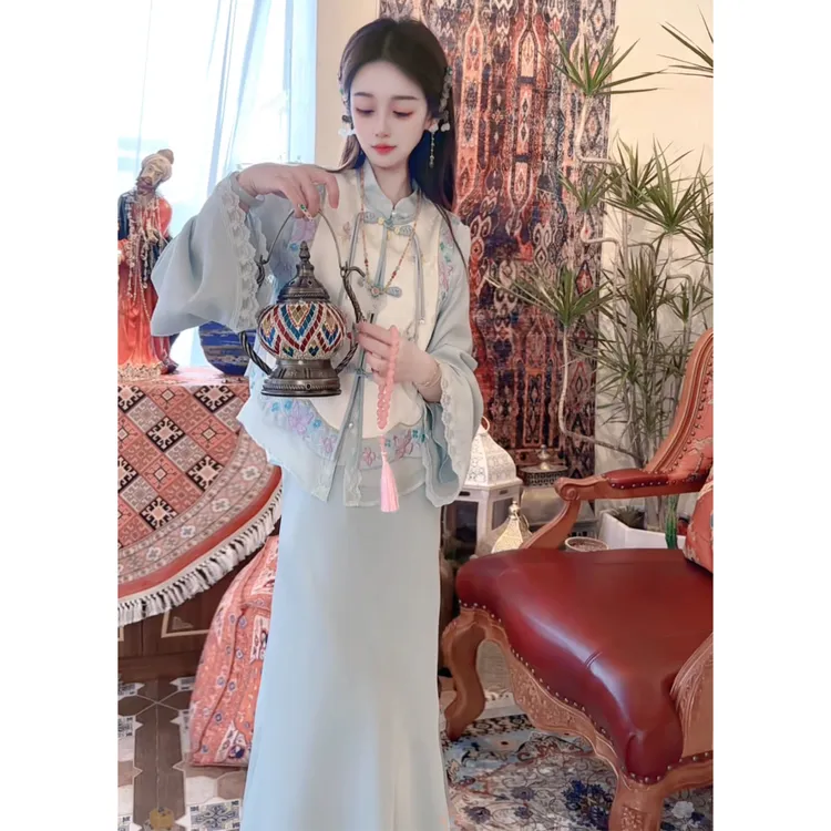 【蓝孔雀】新中式重工刺绣马甲衬衫三件套装早秋新款气质女装