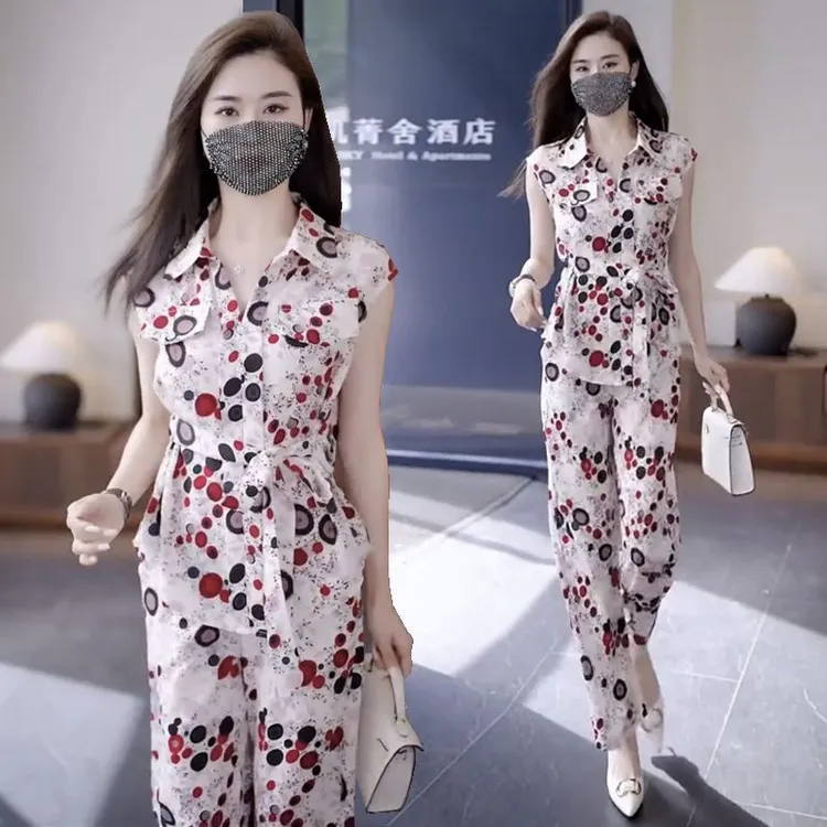 休闲套装女士2025新款夏季气质时尚洋气短袖阔腿裤两件套碎花显瘦