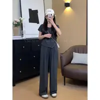 【现货】夏季高腰休闲百搭宽松垂感直筒上衣+裤子套装-YJ662