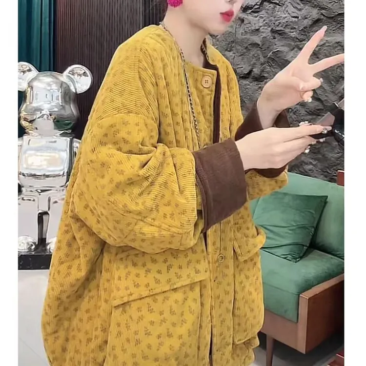 复古时尚高级感棉服女2025新款圆领气质百搭拼色设计感潮流上衣