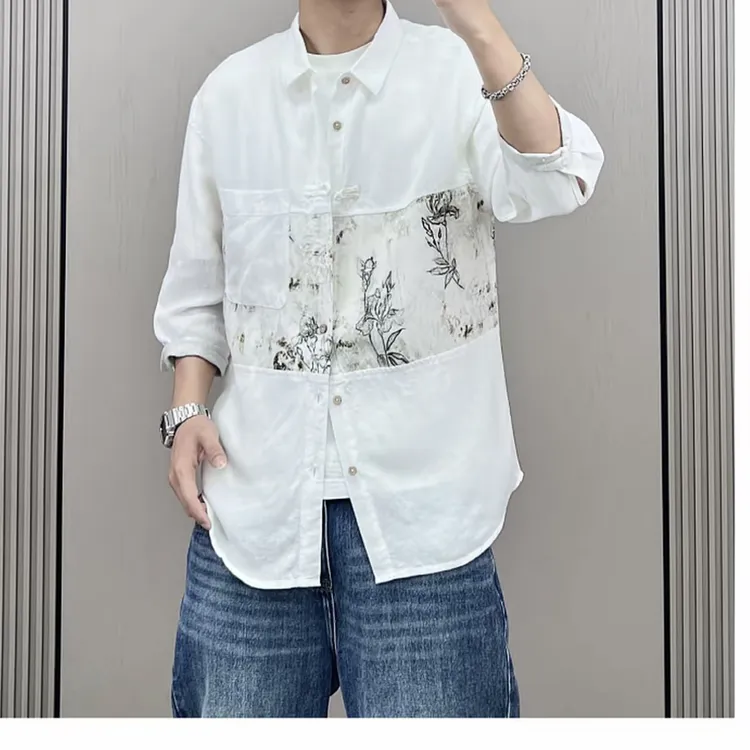 新中式亚麻拼接复古印花翻领男士七分袖夏季休闲衬衫百搭国风