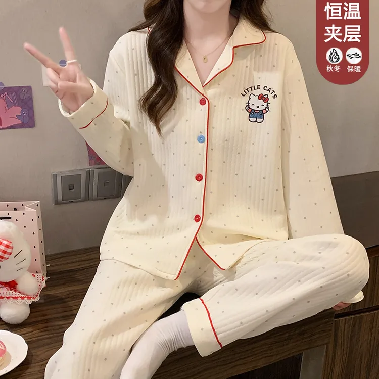 睡衣女卡通夹层加厚长袖长裤秋冬季可爱甜美花边家居服套装143