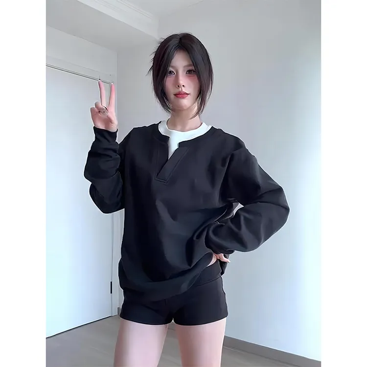 假两件美式V领卫衣男款秋冬内搭肌理感长袖t恤重磅潮牌加绒打底衫