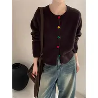 【糖果扣黑色】圆领针织开衫早春彩扣设计感宽松毛衣外搭软糯上衣潮