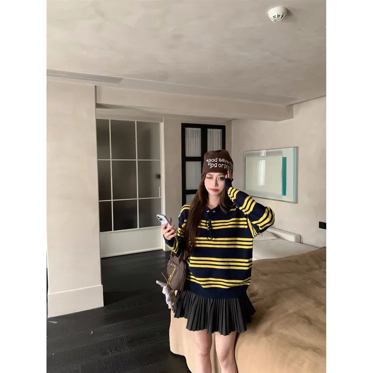 时尚宽松显瘦百搭韩版秋季上衣毛衣针织衫 韩系条纹粘胶材质坑条