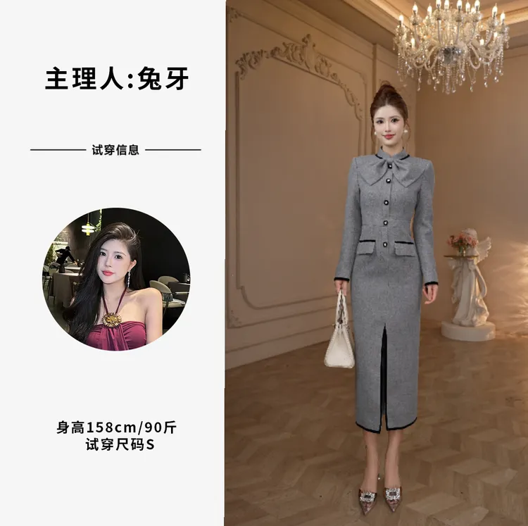 【原创】高级灰色·典雅女神范优雅复古秋冬显瘦气质修身裙子61604