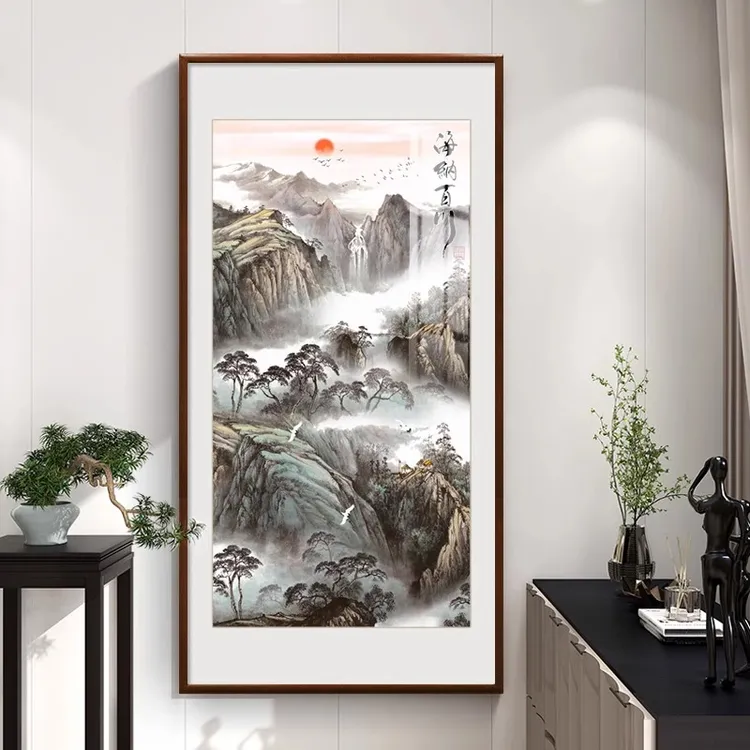 迎客松挂画新中式入户玄关走廊过道装饰画竖版国画山水画客厅壁画