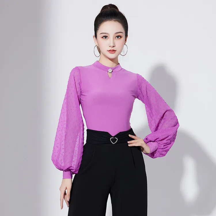 连体衣摩登舞长袖华尔兹服护脖舞蹈服女士国标舞灯笼袖小高领上衣