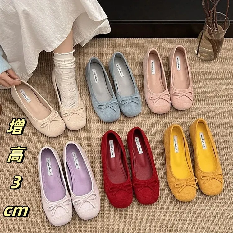 内增高3CM法式蝴蝶结女鞋红色小单鞋芭蕾舞鞋春夏新款瓢鞋软底鞋